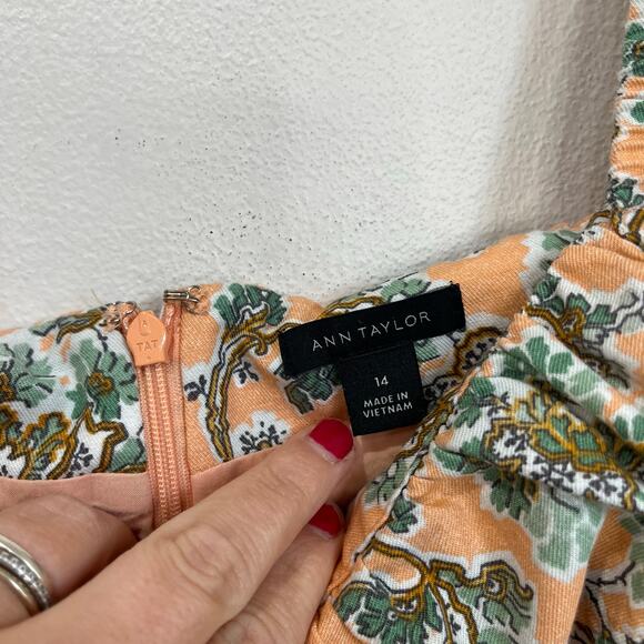 Ann Taylor Floral Ruffle Strap Midi Dress Size 14 Pink Green Spring - Picture 5 of 10